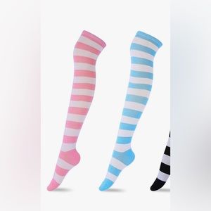 4 Pairs Long striped socks pink/white blue/white with white stripes thigh high